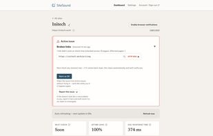 SiteSound found a link on initech.work that returns a 404 error. The issue card shows the broken address and what happens next.