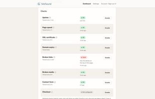 Uptime, page speed, SSL, domain, links, media and the contact form, each with its status and how often it is tested.