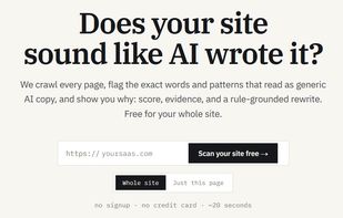 The landing page for SiteTell, includes a url field to enter your website and the option for a full site or single page scan.