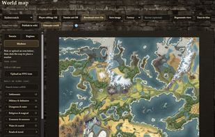 Generate a hex world from a seed, or paint biomes, then have it rendered as a finished map. Drop pins, link each to a place or an NPC, and trace where a session actually went.