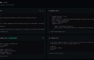 Auto-generated Skills Pack: llms.txt, agent.json, and JSON-LD schema files — the machine-readable signals that get your site cited by AI crawlers.
