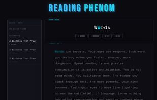 Showing RSVP functionality which allows you to use RSVP (the most studied form of speed reading) within Reading Phenom.