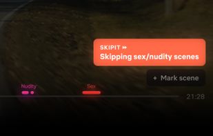 Skipit auto-skipping adult scenes on Netflix, with colored skip markers on the timeline