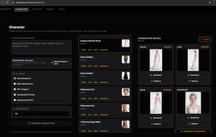 Characters: create a reusable character from a text prompt or one reference image, with your choice of image model and resolution. Each character gets front, side, back and headshot views that you can download, replace and reuse to keep the same look across shots.