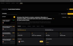 Social Media Publisher: set up an X campaign with a goal, a destination link, a posting schedule, a daily credit limit and an approval mode (AI auto review or review every post). The agent researches, writes and publishes the posts; Performance, Calendar and Approval tabs track the results.