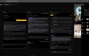Cinematic Story Canvas. Step 1: chat with the AI to turn an idea into a story. Step 2: refine the scene-by-scene Story Detail and its cast. Step 3: every Movie Scene gets its own video prompt with the character attached; pick the model, aspect ratio, resolution and length, then generate. Results land on the canvas as layers.