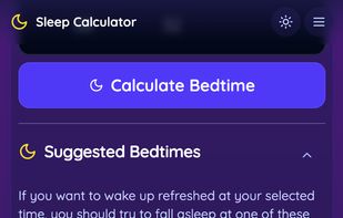 After tapping Calculate, the app reveals a “Suggested Bedtimes” section. It lists three color-coded cards—for example 9:15 PM (9 h • Ideal for recovery), 10:45 PM (7 h 30 m • Optimal), and 12:15 AM (6 h • Minimum)—each accompanied by an icon indicating sleep-quality level. A brief “Sleep Quality Guide” legend appears at the bottom to explain the color codes.