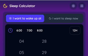 A dark-themed “Sleep Calculator” interface shows a wheel-style time picker. The user selects the time they want to wake up (tab highlighted in purple) and scrolls hours-minutes-AM/PM columns. A prominent purple button labeled “Calculate Bedtime” sits beneath the picker, with a note: “Based on 90-minute sleep cycles – It takes the average person 15 minutes to fall asleep.”