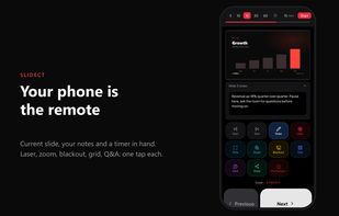 The remote on the presenter's phone: current slide, notes, timer, laser, zoom, blackout, grid and Q&A