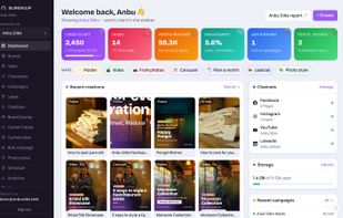 Credits, leads, reach and recent creations in one place, with one-tap shortcuts to make a poster, video, carousel, content plan or photo style.