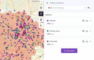 Map the demand signals that matter for your franchise model — retail anchors, competitors, healthcare facilities, or any POI category — layered directly on your territory map with Smappen's POI data.
