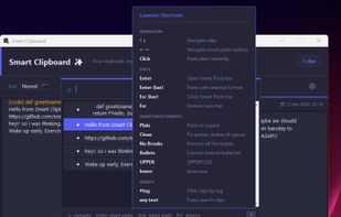 Quick-paste launcher with Smart Paste formats and keyboard shortcuts guide