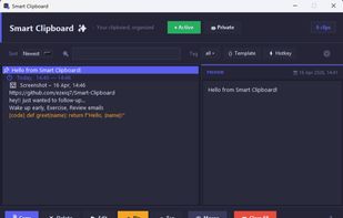Main interface — clip list, preview panel and full action bar