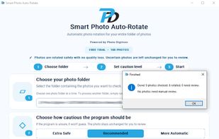 A completion summary shows how many photos were checked, rotated, and whether any images need manual review.