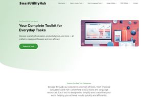 Screenshot of Smart Utility Hub’s homepage featuring a variety of free online tools such as financial calculators, image rotators, text utilities, and web design tools. The user-friendly interface highlights quick access to tools, offering a streamlined experience for enhancing productivity without downloads or sign-ups