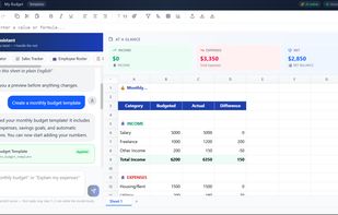 AI chat system, budget template, spreadsheet grids.