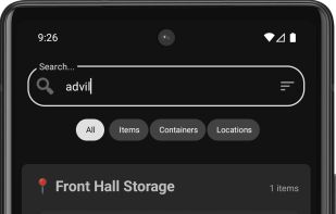 Search results for "Advil" in the users's SmartStow inventory, showing where the advil is stowed.