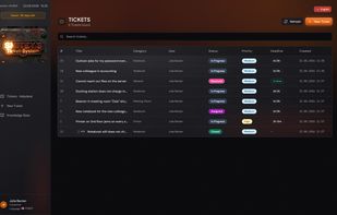 Ticket list on the desktop with status, priority, assignee and category at a glance.