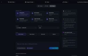 Image Studio's Studio mode builds ready-to-use marketing creatives, infographics, ad creatives, social posts, banners, and logo concepts, sized for the platform you choose, with a model auto-selected for the creative type.