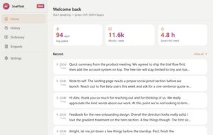 SnailText main window in light mode — recording history, live word-per-minute stats, and the dictation hotkey.