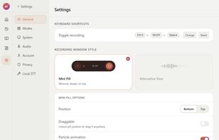 SnailText settings with the recording pill active at the bottom of the screen — model selection, hotkey config, and the on-screen dictation indicator.