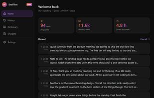 SnailText main window in dark mode — same dictation history and stats, dark theme for low-light use.