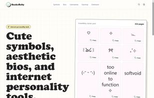 SnakeBaby homepage showing cute symbols, kaomoji, aesthetic bios, username ideas, and text style tools.