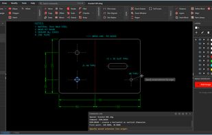 Fabrication drawing for a 3mm mild steel bracket — dimensions, hole callouts, bend lines, and material notes. Selected circle's properties shown in real time.
