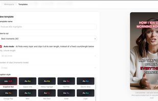 Templates hold the caption style, fonts and logo, with a live preview of how the finished clip will look.