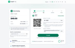 Hosted checkout page: the customer picks a coin and network and pays by QR code or address