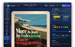 Snapperon Pro in Dark Mode: hand-made text highlighting, Snap to text, and a custom watermark.