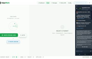 SnipeWork dashboard showing matched Upwork jobs with AI scores and Telegram mobile alerts