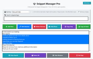 "Main interface of Snippet Manager Pro showing organized snippets, search bar, and action buttons."