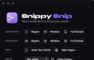 The start window: every capture and recording mode, the delay picker, and the save destination in one place.