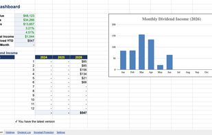 Optional $14 spreadsheet tracker (Excel & Google Sheets) — portfolio dashboard with income totals, yield, and monthly dividend charts.