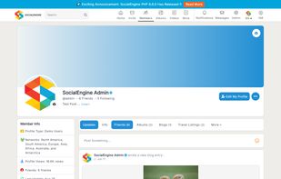 This image shows a SocialEngine admin's profile page, featuring personal information, recent activity, and uploaded content, including photos and videos.