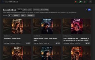 All your YouTube, TikTok and Instagram videos in a single grid, with views, likes and comments side by side, filterable by platform and sortable by date or performance.