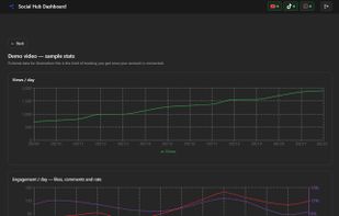 Every video has its own stats page: views by day and by hour, likes, comments, TikTok shares, and an engagement rate charted against them. Snapshots are taken hourly and kept, so you can see how a video performs over time instead of only its current totals.