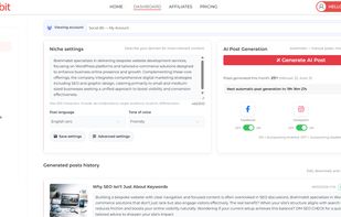SocialBit AI Post Generator — define your business niche, set tone of voice and language, and let AI generate and auto-publish branded social media posts to Facebook, Instagram & LinkedIn automatically.