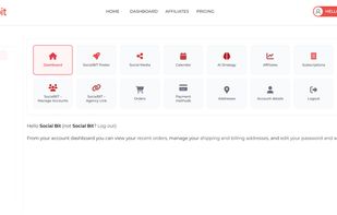 SocialBit user dashboard — manage social media automation, AI content generation, post calendar, affiliate program, Chrome extension, and agency accounts from a single interface.
