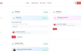 Connect Facebook Pages, Instagram Business accounts, and LinkedIn profiles to SocialBit. Enable auto-posting per platform with one click using secure OAuth 2.0 authentication.