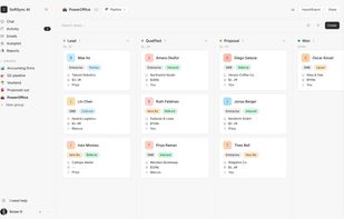The deal pipeline, with drag and drop between custom stages.