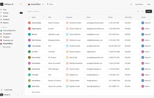 Contacts in a spreadsheet-style table view, with filters, saved views and inline editing.