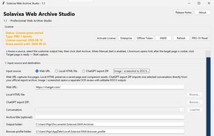 Main interface of Solavixa Web Archive Studio for capturing websites, local HTML files and AI conversations, with export options for PDF, DOCX, HTML, Markdown and OCR.