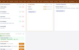 Dashboard — projects, stock & impact