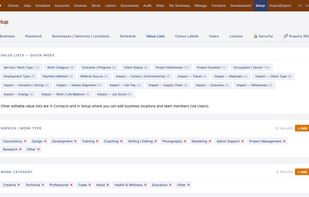 Value lists — 20+ editable dropdowns