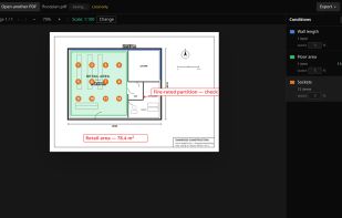 Markup tools on the same sample drawing, with callouts and annotations over the measured plan.