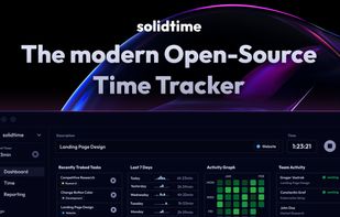 Screenshot of Dashboard of solidtime with the landing page design in the background