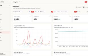 Cross-platform analytics dashboard with engagement metrics, follower growth, top posts, demographics, best times to post, and AI-generated insights.
