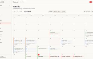 Visual content calendar showing scheduled, published, and draft posts across all connected platforms. Drag to reschedule or click to edit.